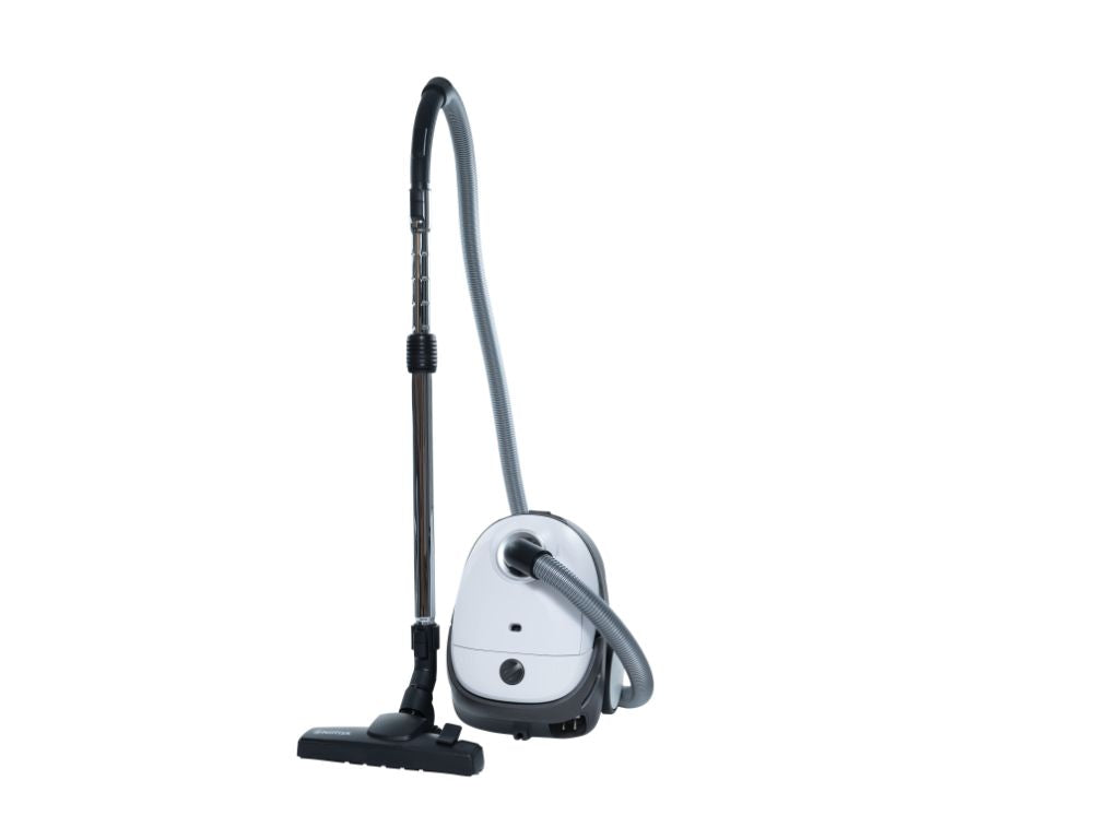 White and gray canister vacuum cleaner with black hose and floor nozzle, side view, upright position, smooth plastic finish