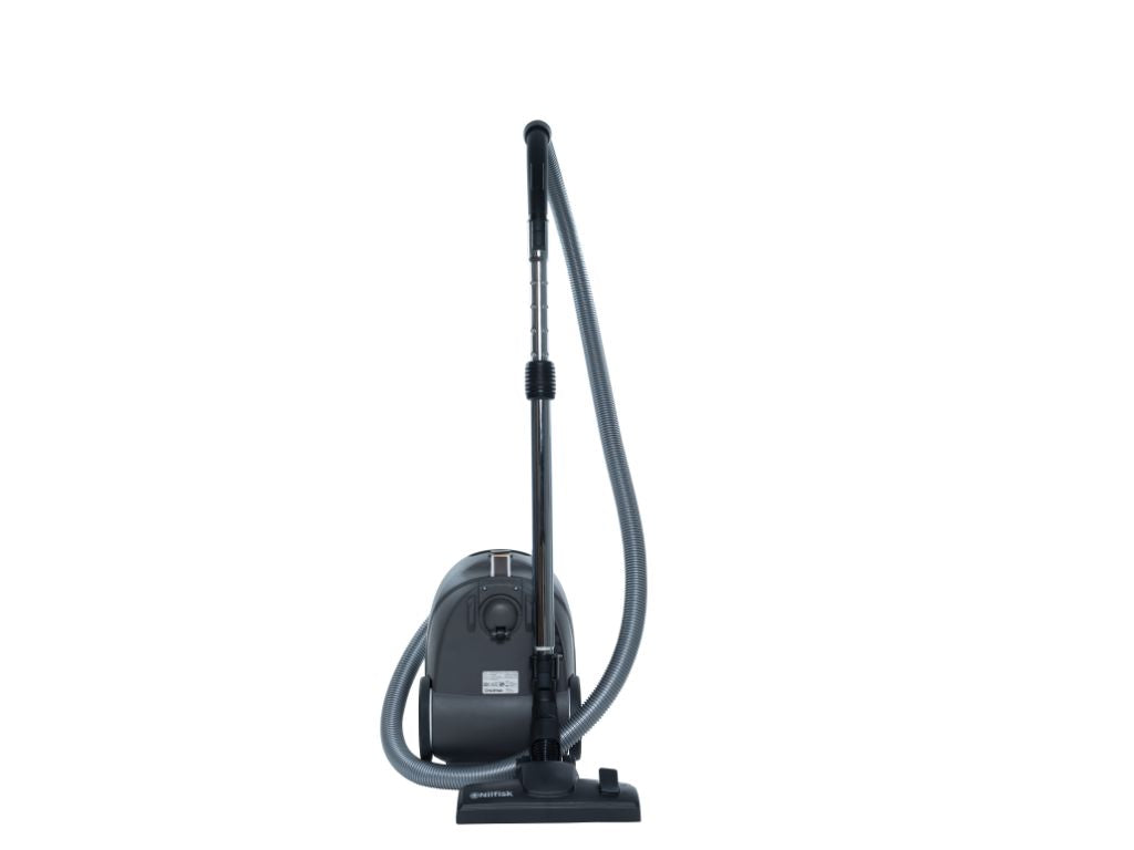 Gray vacuum cleaner by Nilfisk with silver extension tube and ribbed hose.