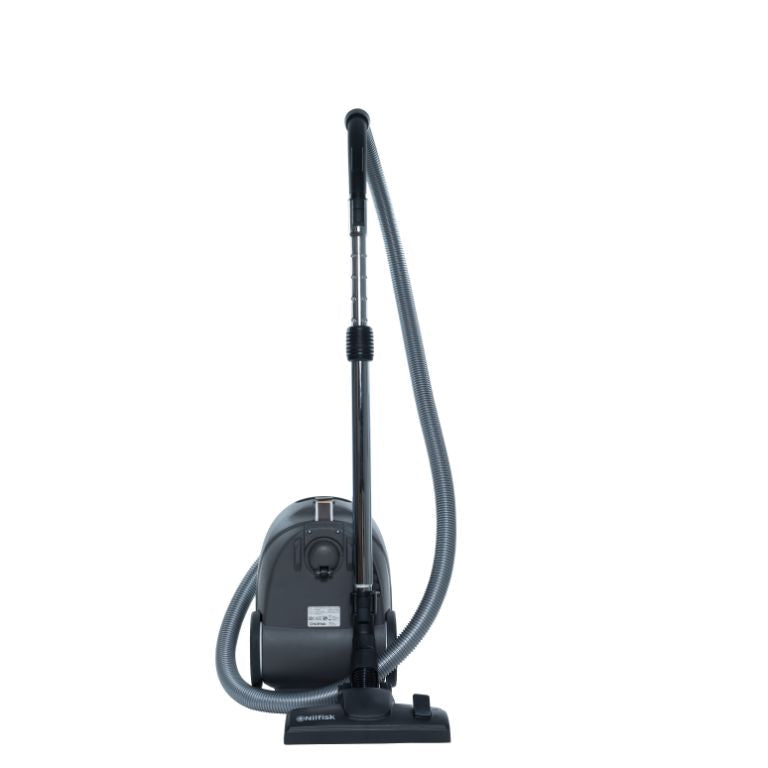 Gray canister vacuum cleaner by ES One with black hose and wand, upright front view on white background