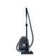 Gray canister vacuum cleaner by ES One Allergy, featuring flexible hose and upright wand, front view on white background