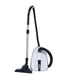 Silver canister vacuum cleaner by Nilfisk with black hose and handle, and a black nozzle.