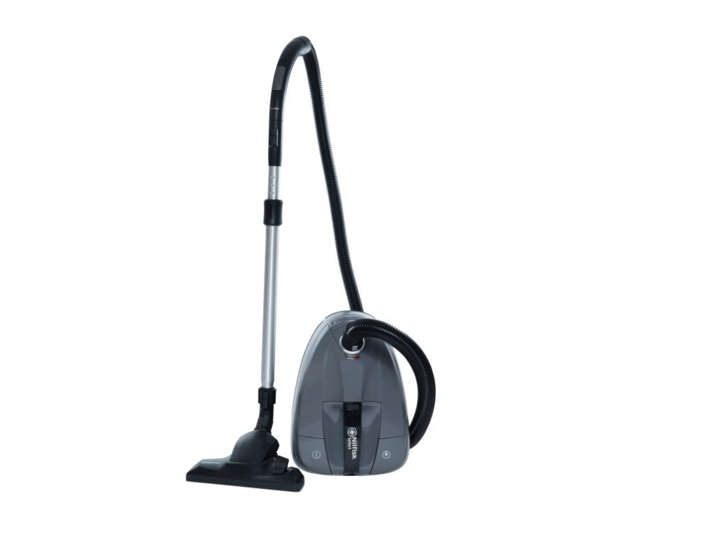 Gray canister vacuum cleaner by Nilfisk, featuring a long, flexible hose and silver-tone wand with black cleaning head.
