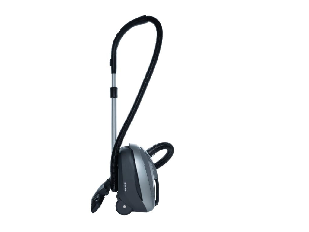 Gray bagless vacuum cleaner from Nilfisk, shown in a three-quarters view on a white background.
