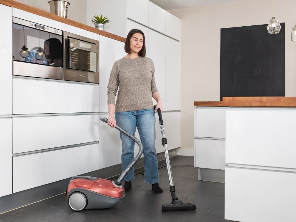 Bag vacuum cleaner with hose by ES, shown in use with grey and pink accents.

