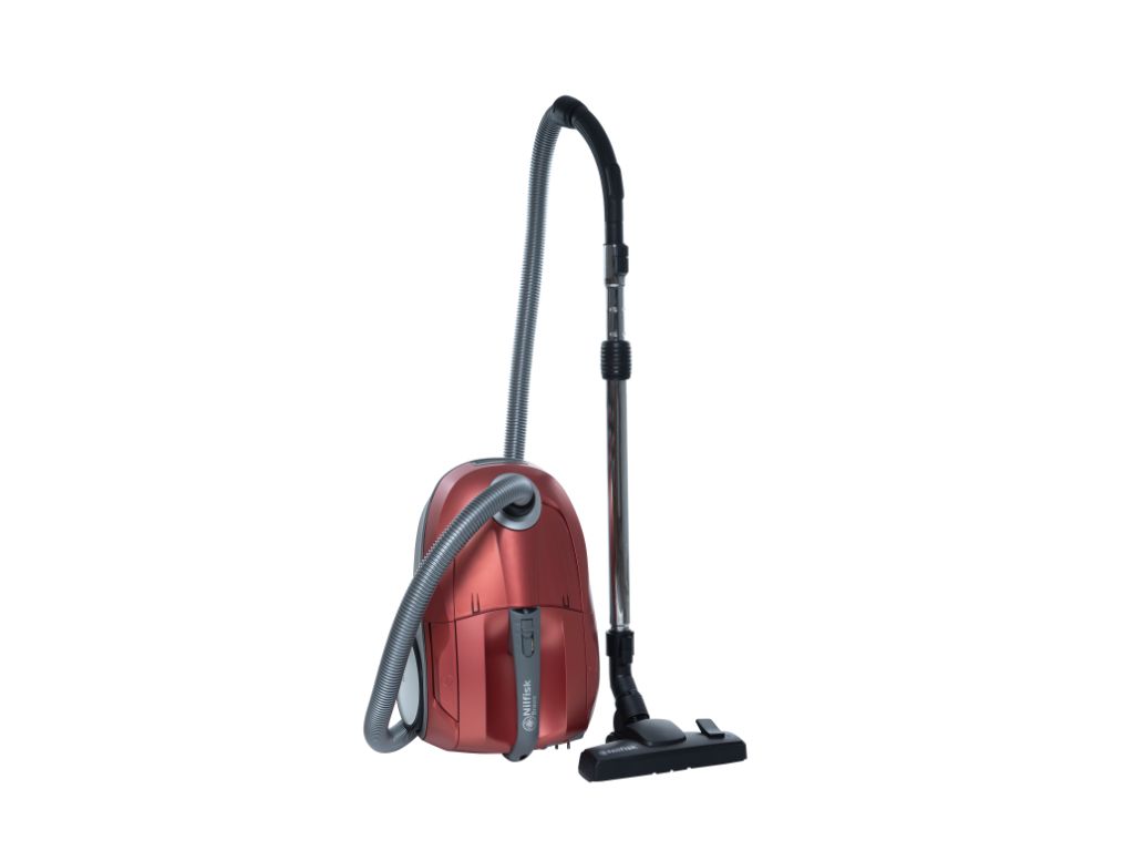 Red vacuum cleaner by Nilfisk featuring a silver hose and chrome wand.