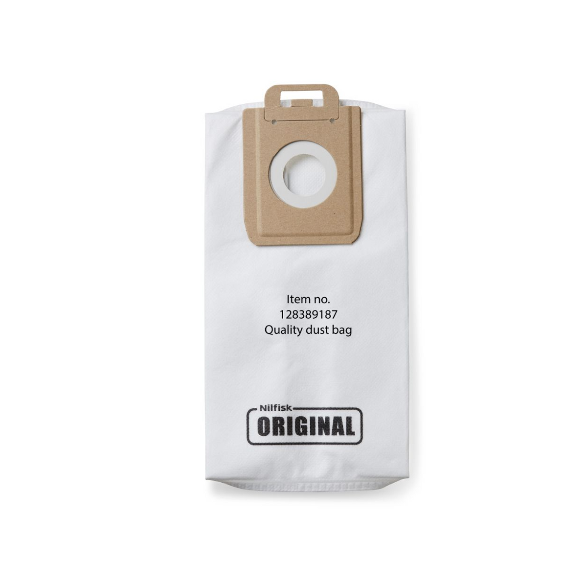 White paper vacuum cleaner bag by Nilfisk, displaying the item number and brand logo.