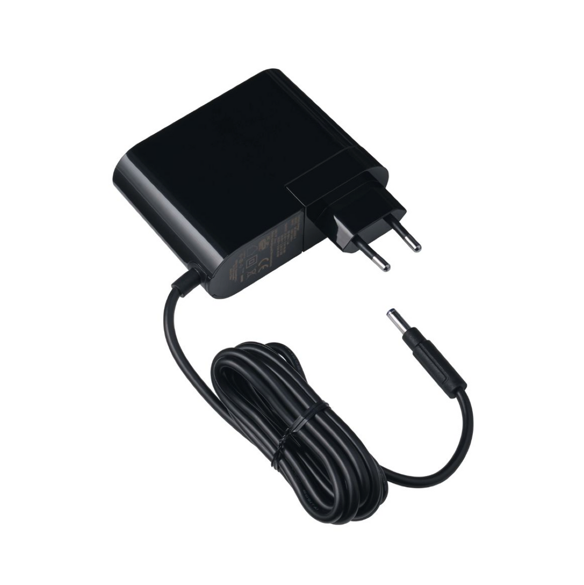 Black charger for S1 vacuum cleaners with a cord and a round connector.