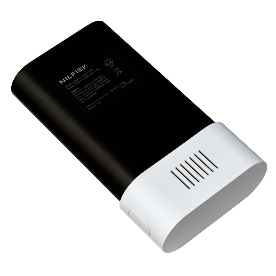 Vacuum cleaner accessory by Nilfisk, featuring black and white design with ventilation slots.