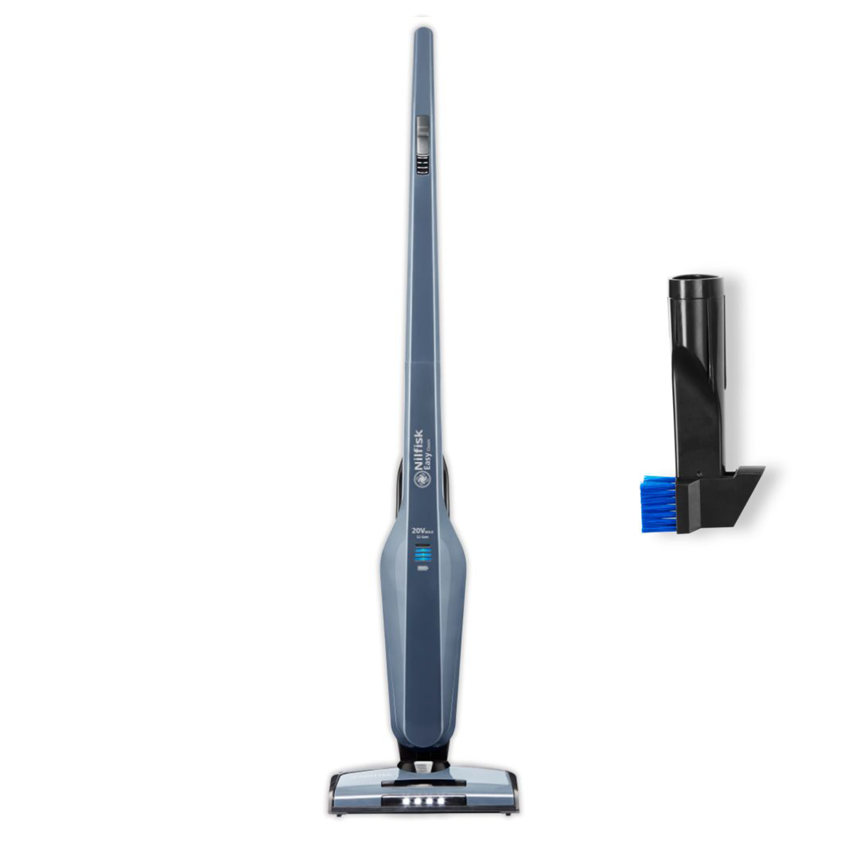 Gray cordless stick vacuum by Nilfisk with handheld brush attachment, shown on a white background.
