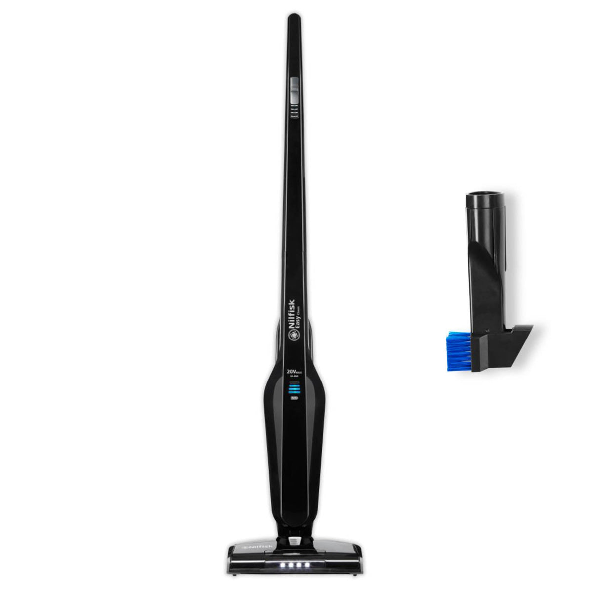Black 2-in-1 stick vacuum cleaner by Nilfisk, shown with a brush attachment.