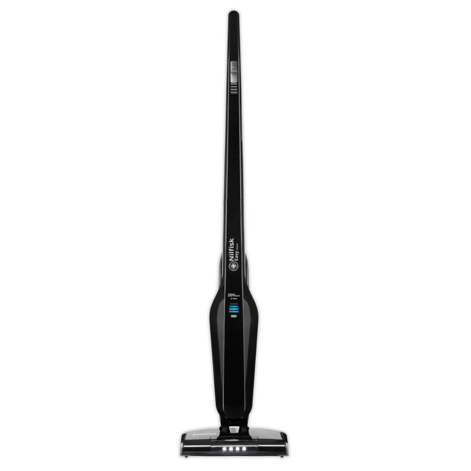 Black stick vacuum cleaner by Nilfisk with LED lights at the bottom.