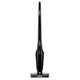 Black stick vacuum cleaner by Nilfisk with LED lights at the bottom.