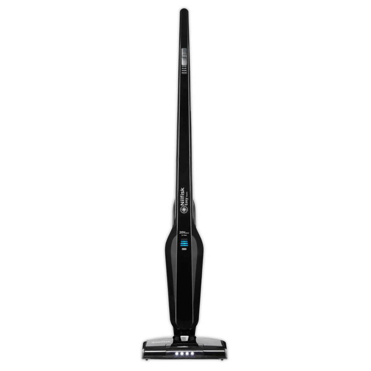 Black stick vacuum cleaner by Nilfisk with LED lights at the bottom.