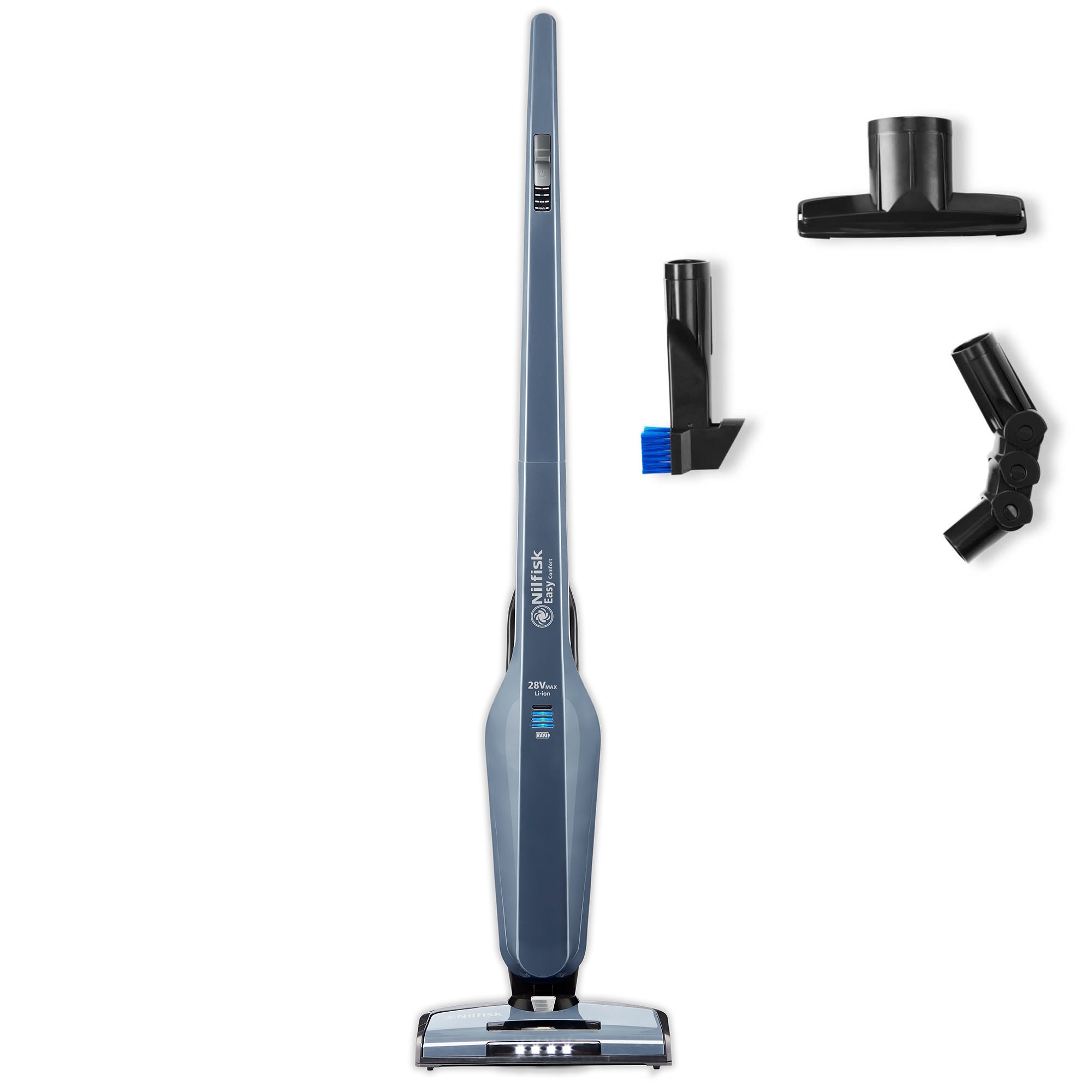 Blue stick vacuum cleaner by Nilfisk with attachments, shown against a white background.