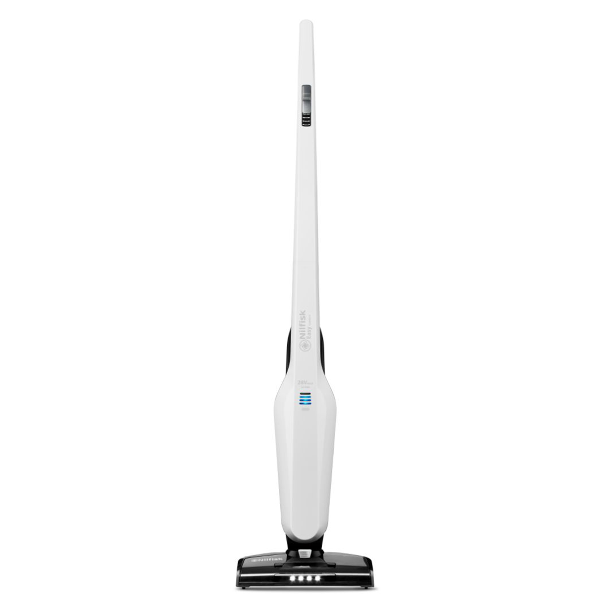 White stick vacuum cleaner by Nilfisk with a black base, shown from the front.