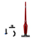 Red stick vacuum cleaner by Nilfisk with attachments, standing on a white surface.