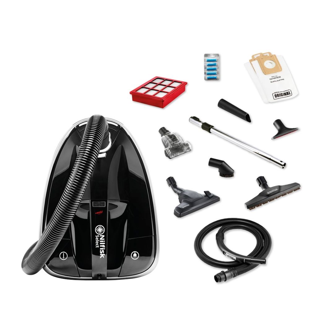 Black canister vacuum cleaner by Nilfisk with 650 W power, featuring flexible hose, multiple attachments, red filter, and dust bag, shown in product layout view