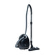 Black canister vacuum cleaner by One R, 750 W, with flexible hose and floor nozzle, side view on white background