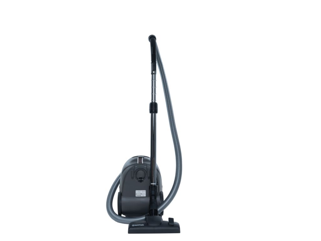 Black canister vacuum cleaner by One R, 750 W, with flexible hose and upright wand, front view on white background