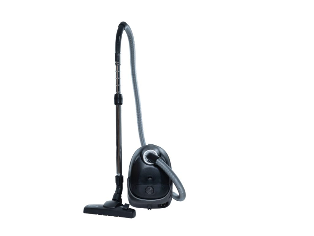 Black canister vacuum cleaner by ES One with a gray hose and telescoping wand.
