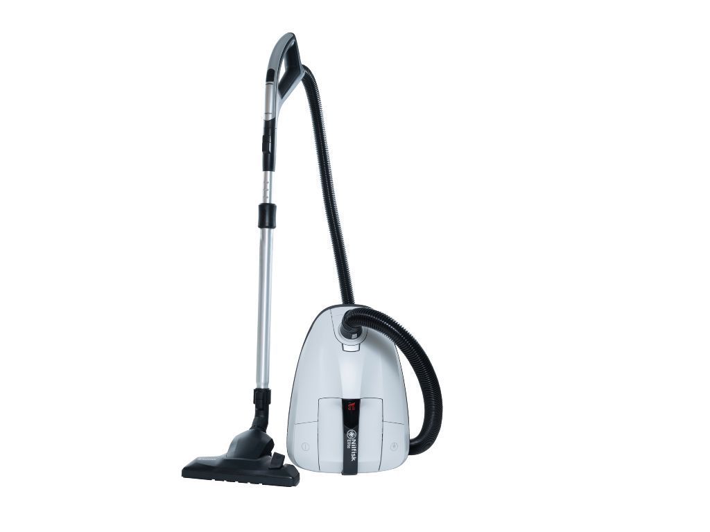 White bagless vacuum cleaner by Nilfisk with silver wand and black hose.