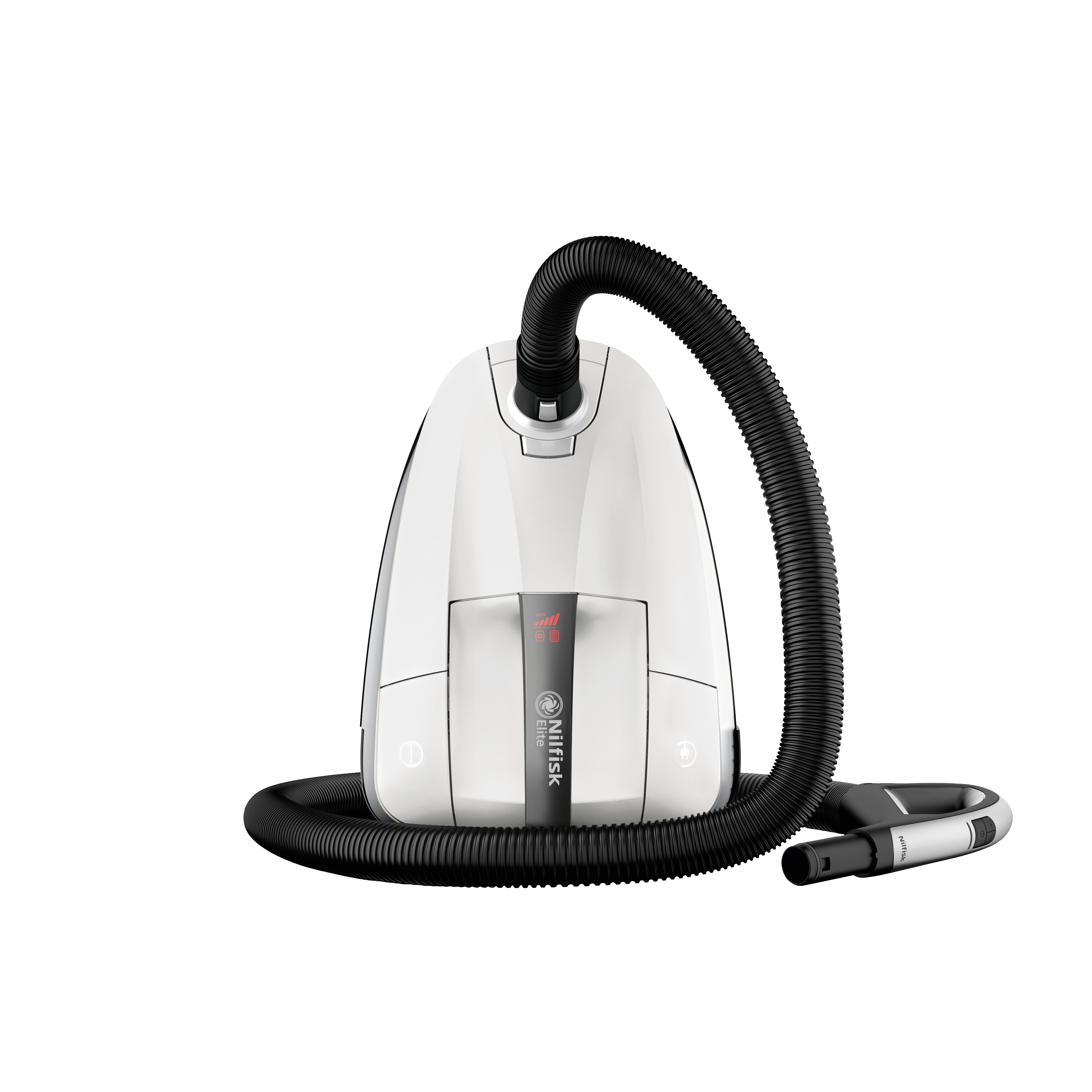 White canister vacuum cleaner by Nilfisk with black hose on a black background.