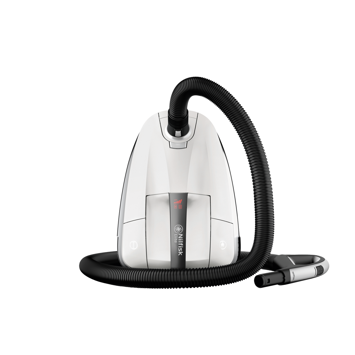 White canister vacuum cleaner by Nilfisk with black hose on a black background.