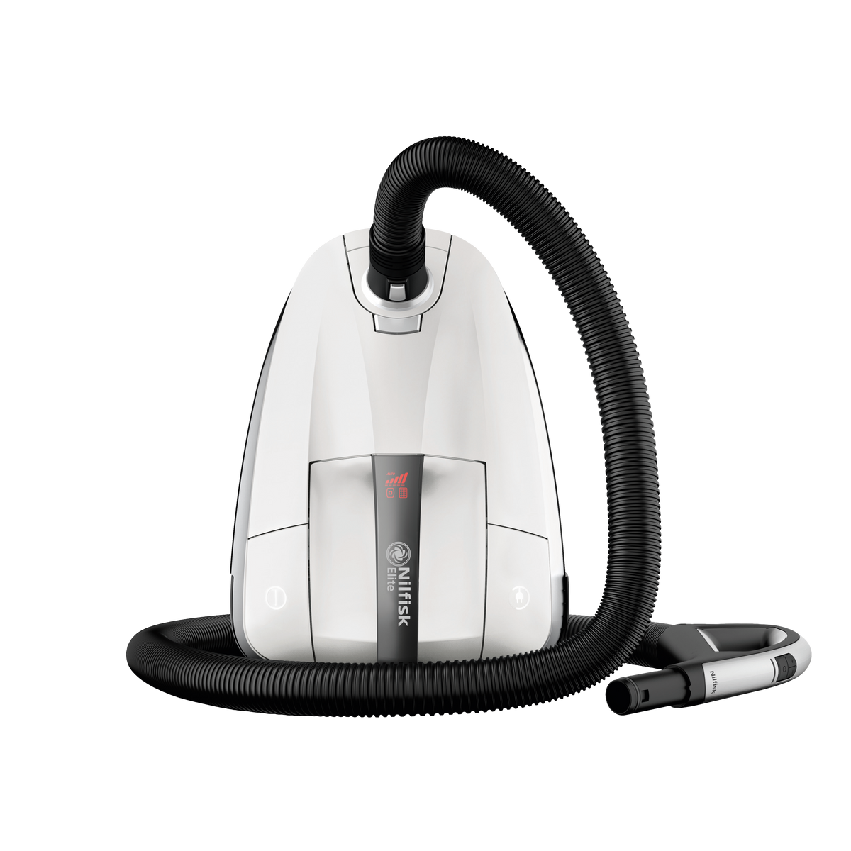 White cylinder vacuum cleaner by Nilfisk, with a black hose looped around the body and handle.
