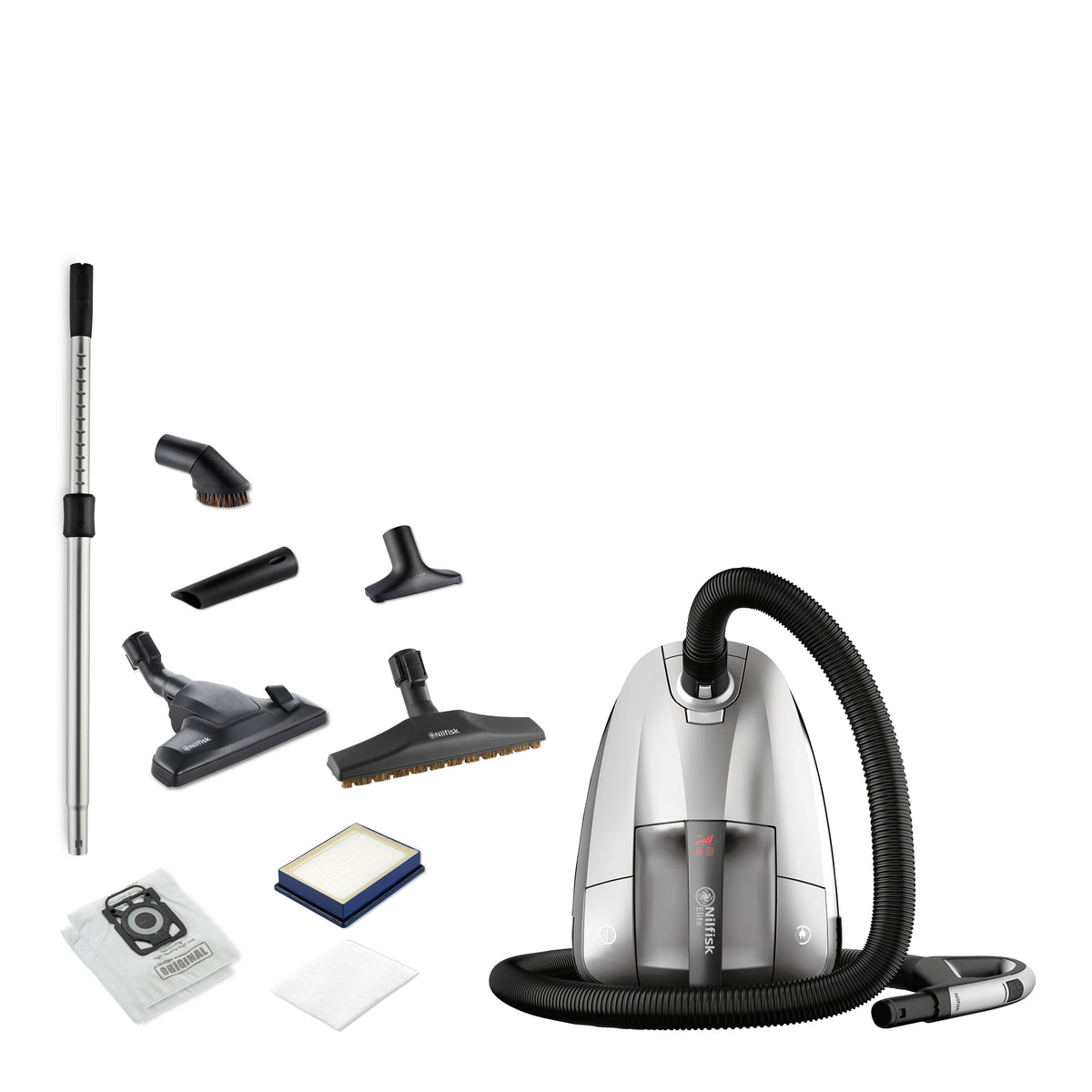 Silver canister vacuum cleaner by Nilfisk with black hose, attachments, and filter set, front view