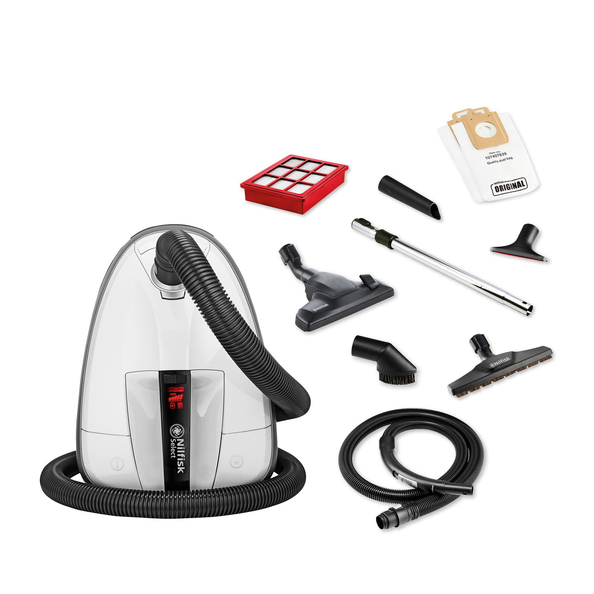 White bag vacuum cleaner by Nilfisk with assorted accessories, hose wrapped around the bottom.
