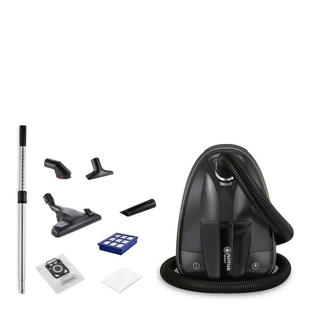 Gray cylinder vacuum cleaner by Nilfisk, next to it: extension tube, brush nozzle, floor nozzle, crevice nozzle, filter and dust bag.
