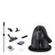 Gray cylinder vacuum cleaner by Nilfisk, next to it: extension tube, brush nozzle, floor nozzle, crevice nozzle, filter and dust bag.
