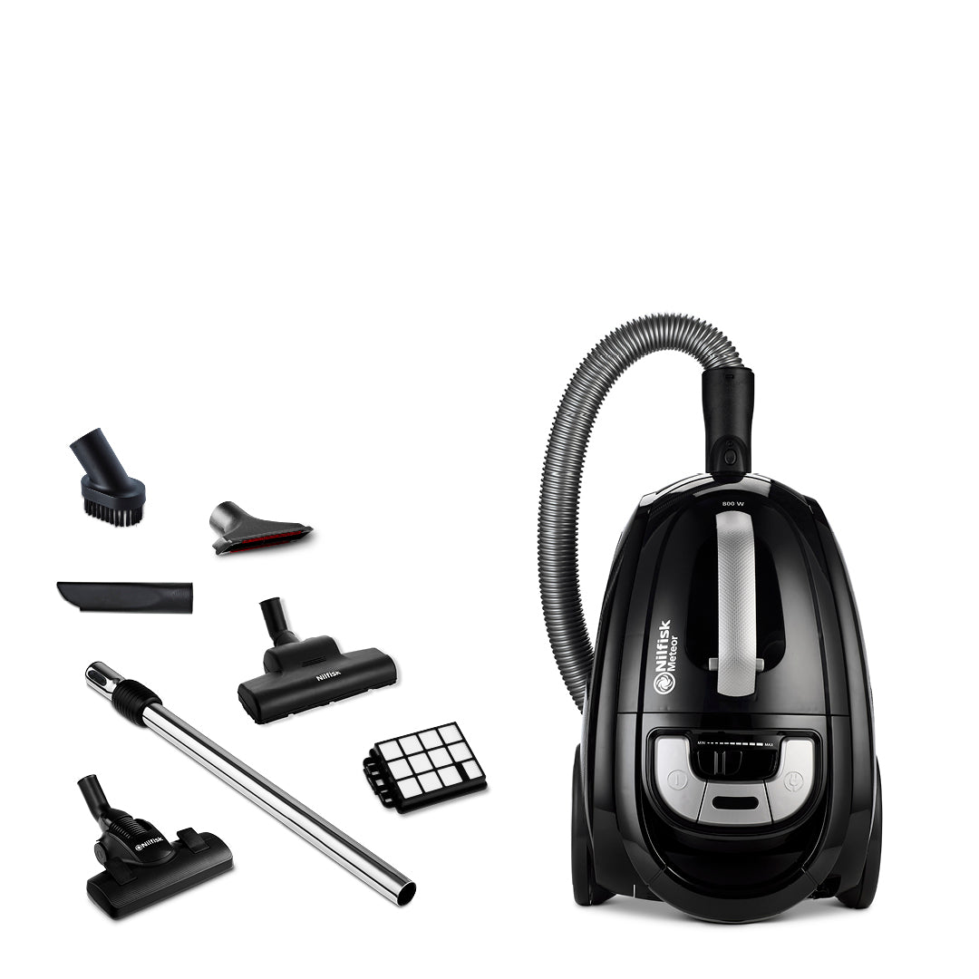 Black canister vacuum cleaner by Nilfisk, featuring a hose, handle, attachments, and HEPA filter.

