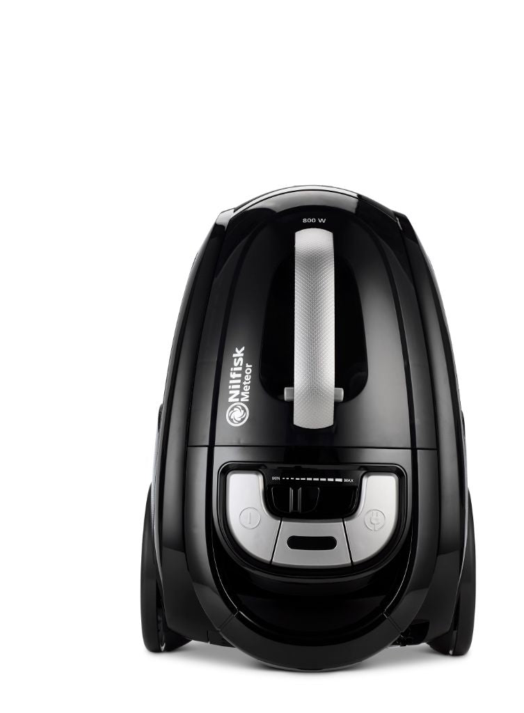Black canister vacuum cleaner by Nilfisk, featuring a central silver handle and power controls at the front.
