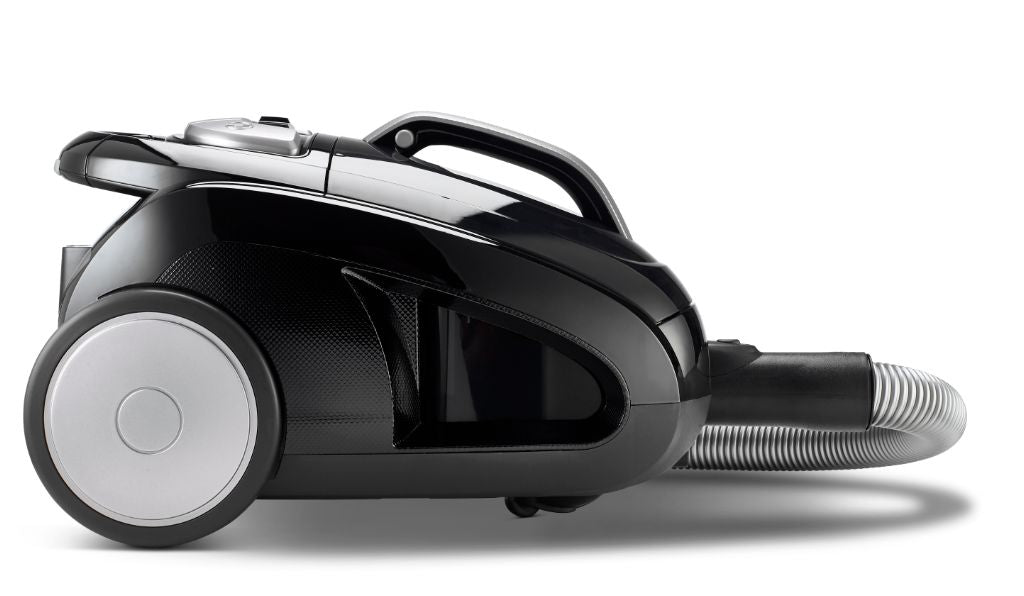 Black vacuum cleaner, 800 W by Nilfisk, shown in a side view.