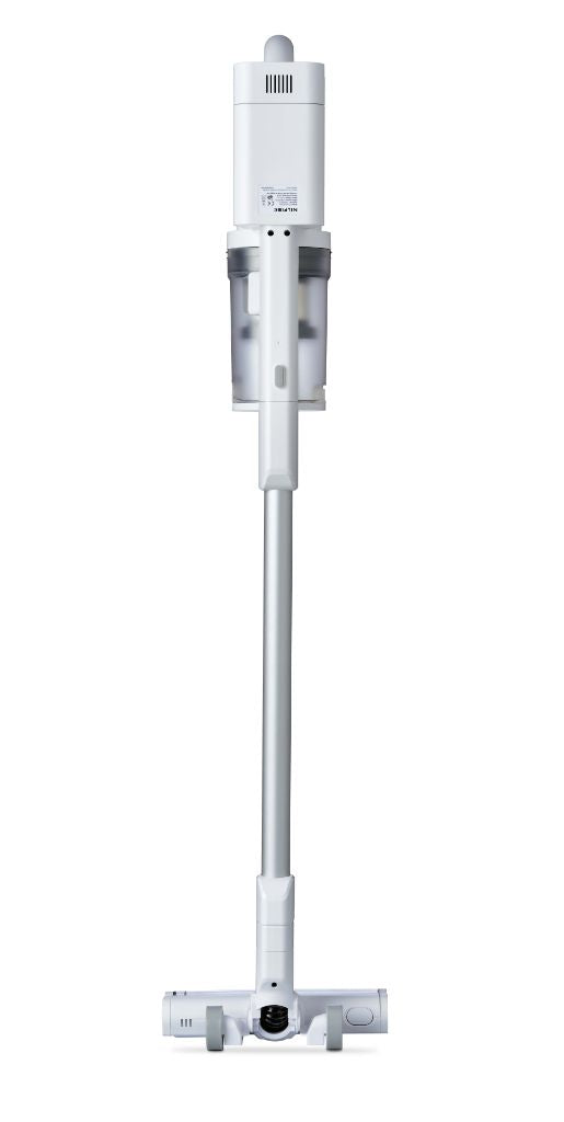 White cordless stick vacuum cleaner by HOME ES with a transparent dust container.