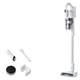 White cordless stick vacuum cleaner with attachments by HOME ES, including a crevice tool and dusting brush.