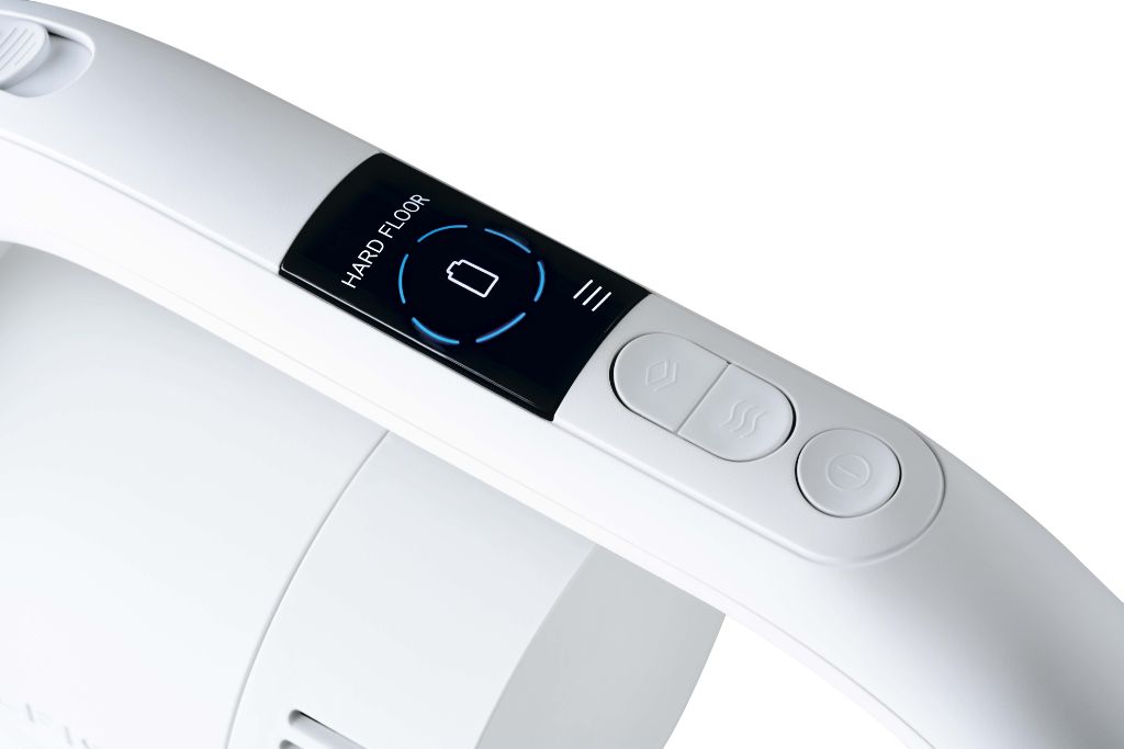 White cordless stick vacuum cleaner by HOME, showing the handle with a hard floor mode indicator.