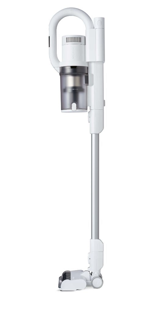 White cordless stick vacuum by HOME with a silver wand and floor head.