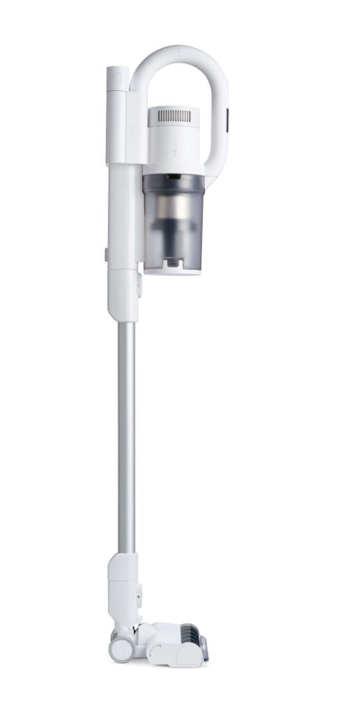 White cordless stick vacuum by HOME ES with a long silver handle.