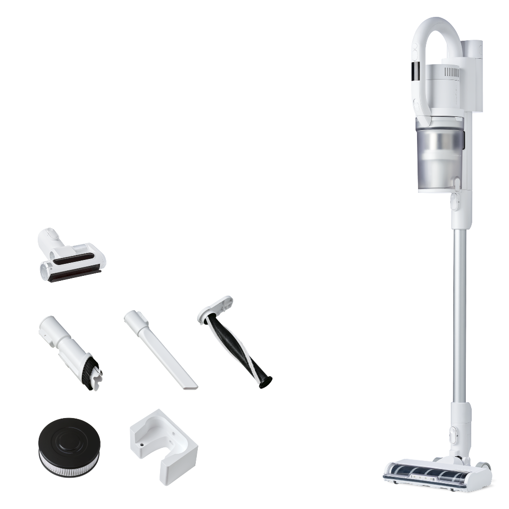 White cordless stick vacuum cleaner with attachments, including a black and white brush.