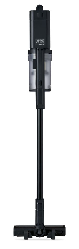 Black cordless stick vacuum cleaner from Nilfisk with a transparent dust container and black cleaning head.