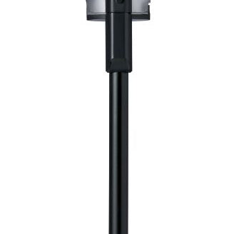 Black cordless stick vacuum cleaner by Nilfisk, standing upright.