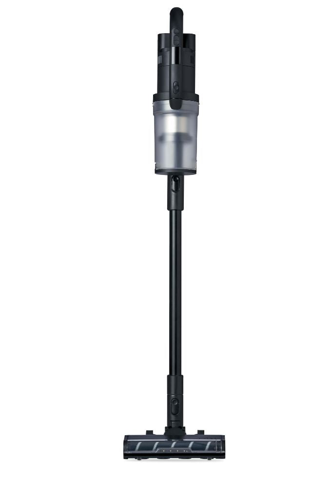 Black cordless stick vacuum cleaner by PET CARE with a clear dustbin and LED lights.
