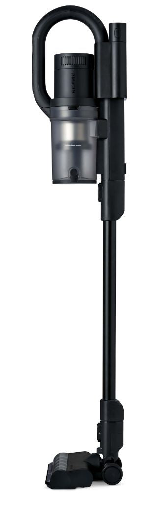 Black cordless stick vacuum cleaner by Nilfisk with a transparent dust container and floor head.