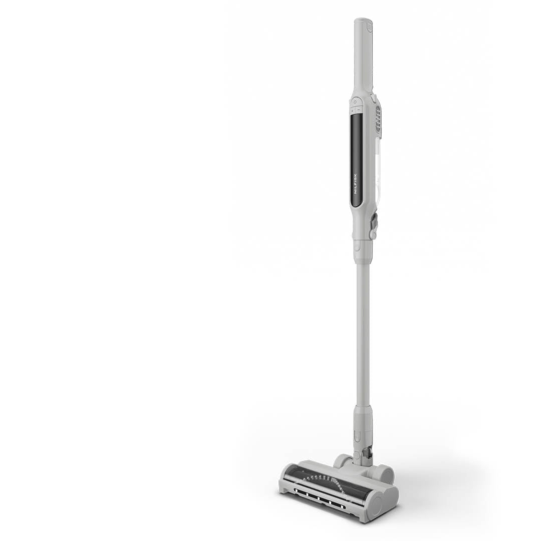 Light gray cordless stick vacuum cleaner by Nilfisk, featuring a sleek design with black accents and a transparent dustbin, shown in full front view.