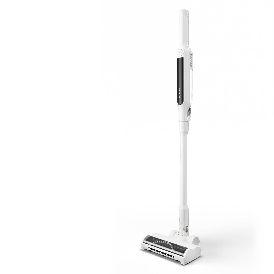 White cordless stick vacuum cleaner by Nilfisk, featuring a sleek design with black accents and a transparent dustbin, shown in upright position.