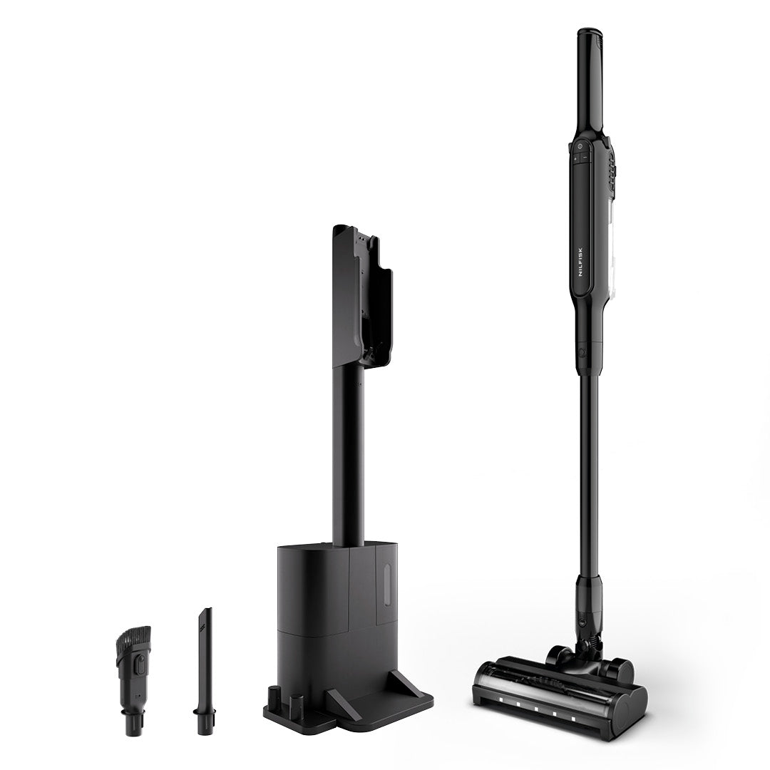 Black cordless stick vacuum with docking station by Nilfisk, featuring attachments and upright design, studio shot