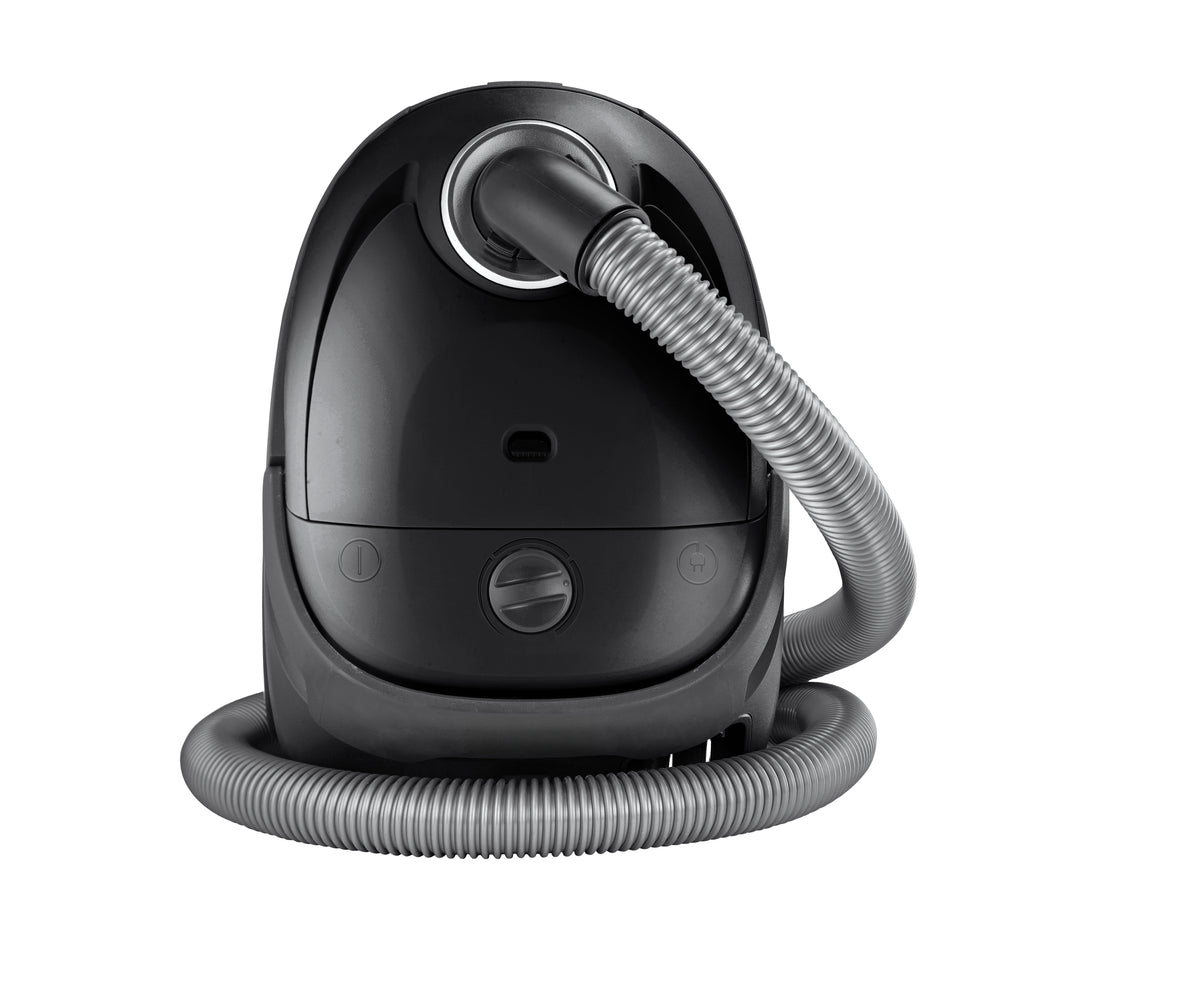 Black limited edition canister vacuum cleaner with gray corrugated hose, front view, 750 W power