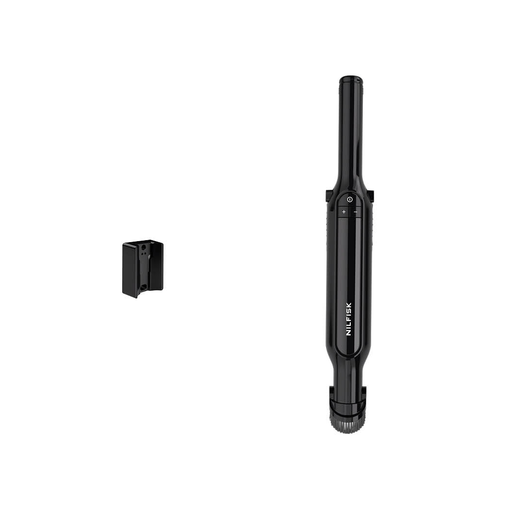Black handheld vacuum cleaner by Nilfisk with power button and brush head, shown with wall mount, front view
